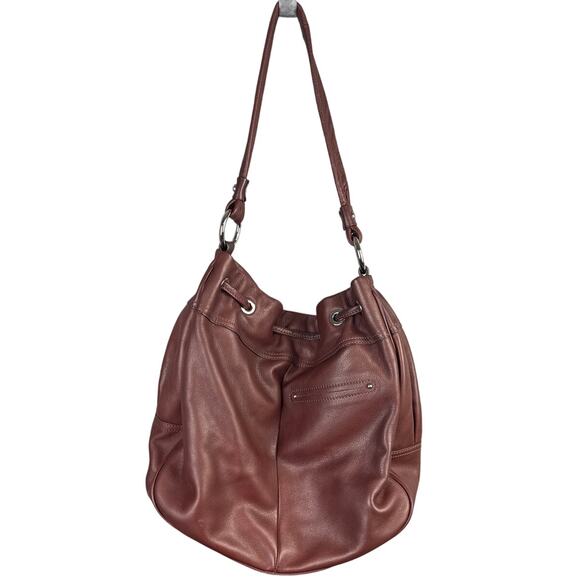 B. Makowski Mahogany Bucket Bag Shoulder Bag Soft Leather Silver Hardware - Picture 2 of 9